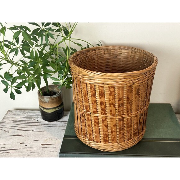Vintage Burnt Bamboo Wicker Waste Basket / Planter 8.25” x 8” Boho Chic - Picture 8 of 10